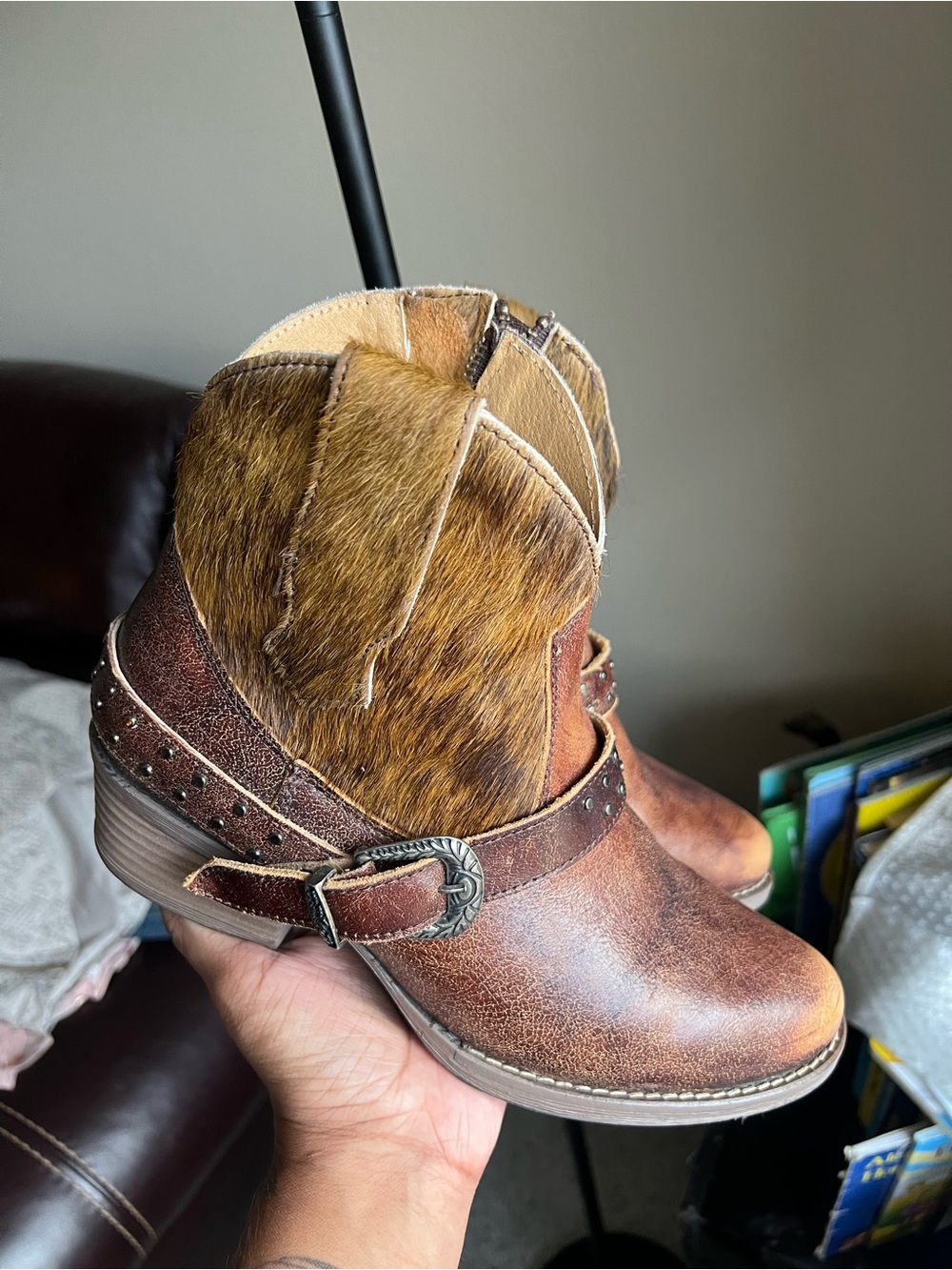 Brown Leather & Hair-On Cowboy Ankle Boot with Buckle